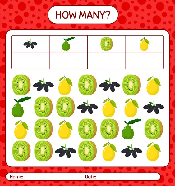 Meyveli kaç tane sayma oyunu. Anaokulu çocukları için çalışma listesi, aktivite listesi, yazdırılabilir çalışma tablosu