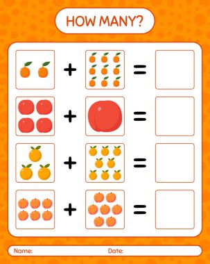 quince, imbe, şeftali ile kaç tane sayma oyunu. Anaokulu çocukları için çalışma listesi, aktivite listesi, yazdırılabilir çalışma tablosu