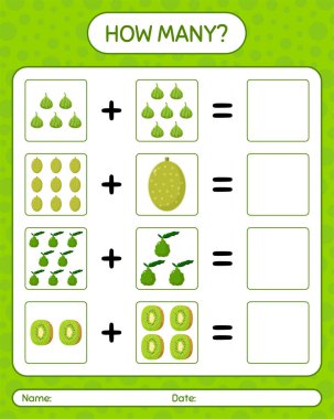 Jackfruit, kaffir lime, kivi ve kavunla kaç tane sayma oyunu var? Anaokulu çocukları için çalışma listesi, aktivite listesi, yazdırılabilir çalışma tablosu