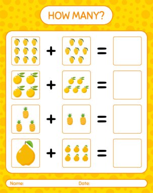 Kaç tane oyun sayma meyvesi, kavun, limon. Anaokulu çocukları için çalışma listesi, aktivite listesi, yazdırılabilir çalışma tablosu