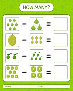 Kaç tane oyun hamuru, kaffir limonu, kivi. Anaokulu çocukları için çalışma listesi, aktivite listesi, yazdırılabilir çalışma tablosu