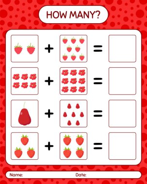 Kaç tane oyun sayan Hint eriği, ahududu. Anaokulu çocukları için çalışma listesi, aktivite listesi, yazdırılabilir çalışma tablosu