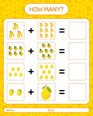 Kaç tane sayma oyunu muzu, yumurta meyvesi, kavun. Anaokulu çocukları için çalışma listesi, aktivite listesi, yazdırılabilir çalışma tablosu