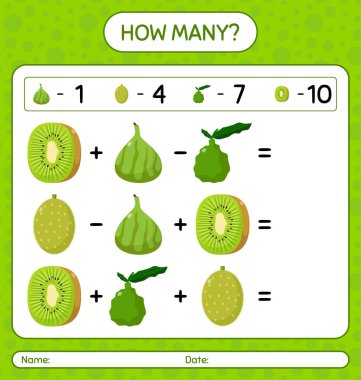 Kaç tane oyun hamuru, kaffir limonu, kivi, kavun, zeytin. Anaokulu çocukları için çalışma listesi, aktivite listesi, yazdırılabilir çalışma tablosu