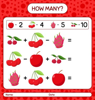 Kaç tane oyun elması, kiraz, ejderha meyvesi, kızılderili eriği. Anaokulu çocukları için çalışma listesi, aktivite listesi, yazdırılabilir çalışma tablosu