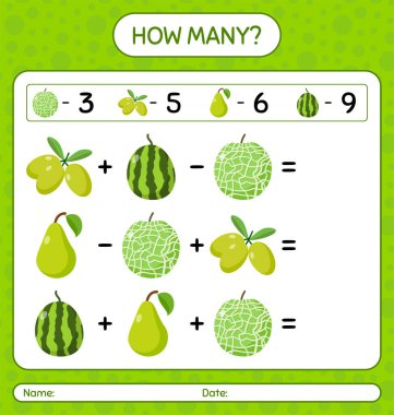 Kaç tane oyun hamuru, kaffir limonu, kivi, karpuz, zeytin. Anaokulu çocukları için çalışma listesi, aktivite listesi, yazdırılabilir çalışma tablosu