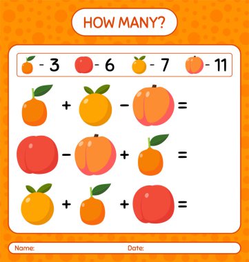 Kaç tane sayım, şeftali, portakal, nektarin. Anaokulu çocukları için çalışma listesi, aktivite listesi, yazdırılabilir çalışma tablosu