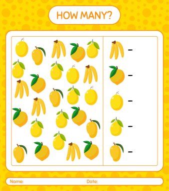 Kaç tane muz, yumurta meyvesi, kavun, limon, mango sayıyor? Anaokulu çocukları için çalışma listesi, aktivite listesi, yazdırılabilir çalışma tablosu