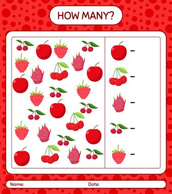 Kaç tane elma, kiraz, ejderha meyvesi, kızılderili eriği sayıyor? Anaokulu çocukları için çalışma listesi, aktivite listesi, yazdırılabilir çalışma tablosu