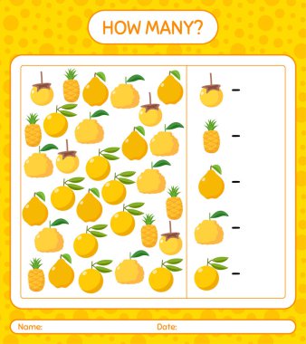 Kaç tane oyun nance, ananas, quince, ugli, yuzu. Anaokulu çocukları için çalışma listesi, aktivite listesi, yazdırılabilir çalışma tablosu