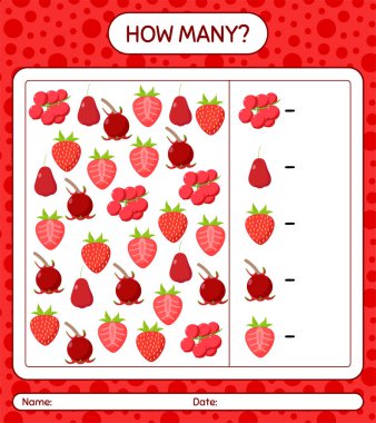 Kaç tane oyun hamuru, gül elması, çilek, ugni, çilek. Anaokulu çocukları için çalışma listesi, aktivite listesi, yazdırılabilir çalışma tablosu