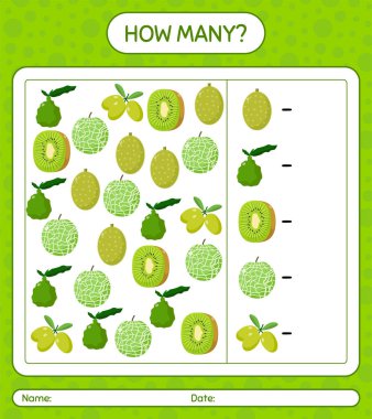 Kaç tane oyun hamuru, kaffir limonu, kivi, kavun, zeytin. Anaokulu çocukları için çalışma listesi, aktivite listesi, yazdırılabilir çalışma tablosu