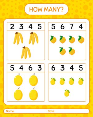 Kaç tane sayma oyunu muzu, yumurta meyvesi, kavun. Anaokulu çocukları için çalışma listesi, aktivite listesi, yazdırılabilir çalışma tablosu