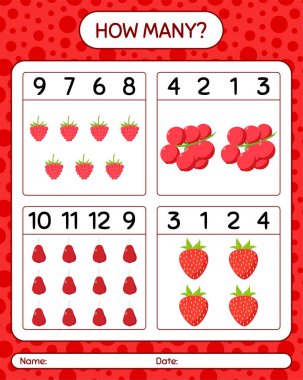 Kaç tane böğürtlen, gül elması, çilek var? Anaokulu çocukları için çalışma listesi, aktivite listesi, yazdırılabilir çalışma tablosu