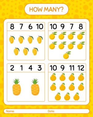 Kaç tane sayma oyunu ananası, quince, ugli. Anaokulu çocukları için çalışma listesi, aktivite listesi, yazdırılabilir çalışma tablosu