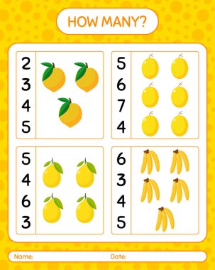 Kaç tane muz, yumurta meyvesi, kavun sayıyor? Anaokulu çocukları için çalışma listesi, aktivite listesi, yazdırılabilir çalışma tablosu