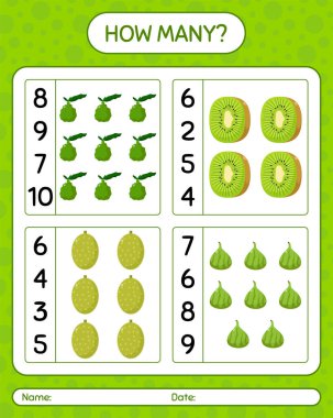 Kaç tane kaffir limonu, kivi, kavun var? Anaokulu çocukları için çalışma listesi, aktivite listesi, yazdırılabilir çalışma tablosu