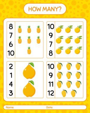 Kaç tane sayma oyunu nance, ananas, ayva. Anaokulu çocukları için çalışma listesi, aktivite listesi, yazdırılabilir çalışma tablosu