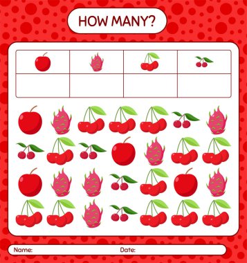 Kaç tane oyun elması, kiraz, ejderha meyvesi, kızılderili eriği. Anaokulu çocukları için çalışma listesi, aktivite listesi, yazdırılabilir çalışma tablosu