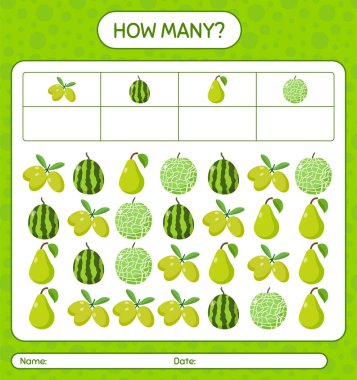 Kaç tane sayım armudu, kuenepa, karpuz, salatalık. Anaokulu çocukları için çalışma listesi, aktivite listesi, yazdırılabilir çalışma tablosu