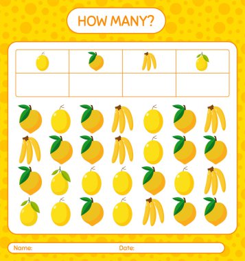 Kaç tane sayma oyunu muzu, yumurta meyvesi, kavun, limon. Anaokulu çocukları için çalışma listesi, aktivite listesi, yazdırılabilir çalışma tablosu