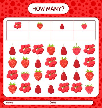 Kaç tane oyun hamuru, gül elması, çilek, ugni. Anaokulu çocukları için çalışma listesi, aktivite listesi, yazdırılabilir çalışma tablosu