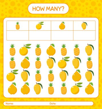 Kaç tane sayma oyunu nance, ananas, ayva, çirkin. Anaokulu çocukları için çalışma listesi, aktivite listesi, yazdırılabilir çalışma tablosu