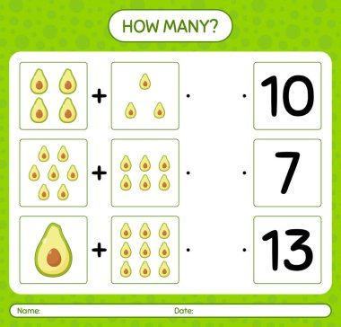 Anaokulu çocukları için avokado çalışma kağıdıyla kaç tane sayma oyunu, etkinlik sayfası, basılabilir çalışma tablosu