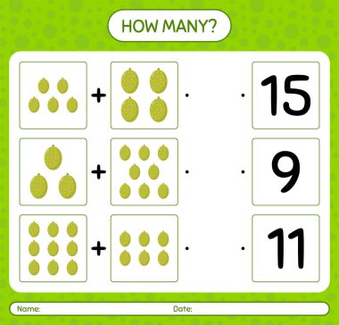 Jackfruit ile kaç tane sayma oyunu. Anaokulu çocukları için çalışma listesi, aktivite listesi, yazdırılabilir çalışma tablosu