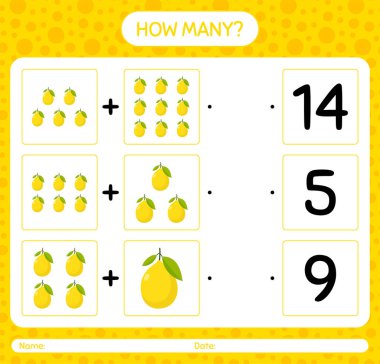Limonla kaç tane sayma oyunu. Anaokulu çocukları için çalışma listesi, aktivite listesi, yazdırılabilir çalışma tablosu