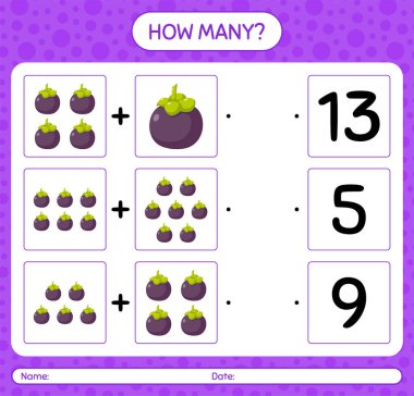 Manggosteen ile kaç tane sayma oyunu. Anaokulu çocukları için çalışma listesi, aktivite listesi, yazdırılabilir çalışma tablosu