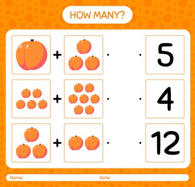 Şeftali ile kaç tane sayma oyunu. Anaokulu çocukları için çalışma listesi, aktivite listesi, yazdırılabilir çalışma tablosu