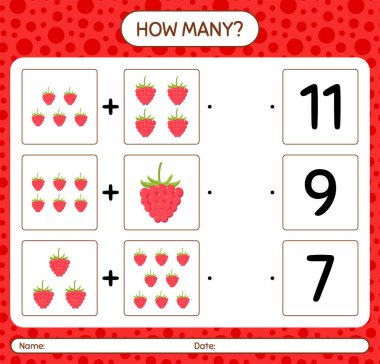 Ahududulu kaç tane sayma oyunu. Anaokulu çocukları için çalışma listesi, aktivite listesi, yazdırılabilir çalışma tablosu