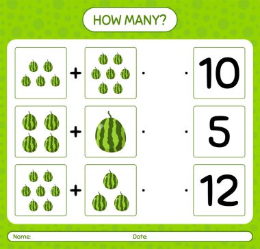 Karpuzla kaç tane sayma oyunu. Anaokulu çocukları için çalışma listesi, aktivite listesi, yazdırılabilir çalışma tablosu