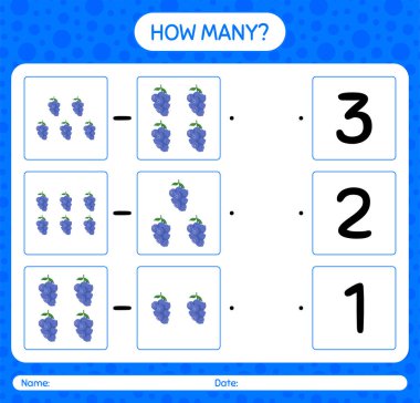 Anaokulu çocukları, aktivite tablosu, basılabilir çalışma tablosu için yabanmersini çalışma kağıdıyla kaç tane sayma oyunu