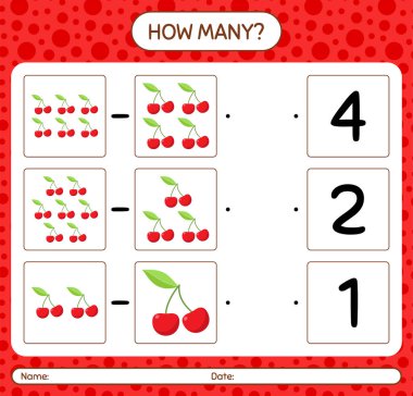 Anaokulu öğrencileri, aktivite tablosu, basılabilir çalışma tablosu için vişne çalışma kağıdıyla kaç tane sayma oyunu