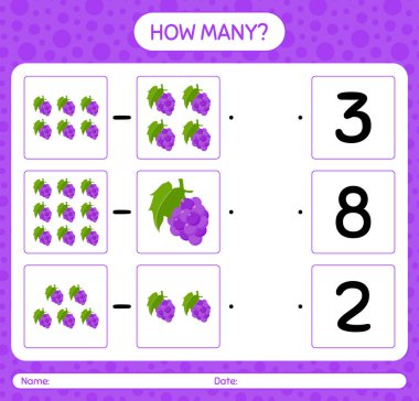 Anaokulu öğrencileri, aktivite tablosu, basılabilir çalışma tablosu için üzümlü kaç tane sayma oyunu