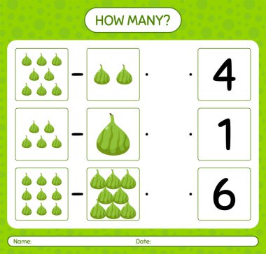 Anaokulu çocukları, aktivite kağıtları, basılabilir çalışma kağıtları için Hindistan incir çalışma kağıdıyla kaç tane sayma oyunu