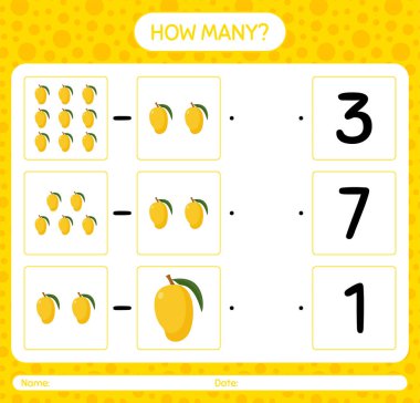 Anaokulu öğrencileri, aktivite tablosu, basılabilir çalışma tablosu için mango çalışma kağıdıyla kaç tane sayma oyunu