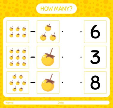 Okul öncesi çocuklar için nance çalışma kağıdıyla kaç sayma oyunu, etkinlik sayfası, basılabilir çalışma tablosu