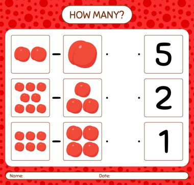 Okul öncesi çocuklar için nektarin çalışma kağıdıyla kaç sayma oyunu, aktivite sayfası, yazdırılabilir çalışma tablosu