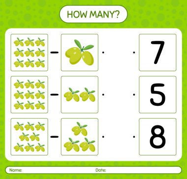 Anaokulu öğrencileri, aktivite tablosu, basılabilir çalışma tablosu için zeytinli kaç tane sayma oyunu