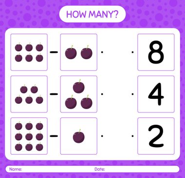 Anaokulu öğrencileri, aktivite tablosu, basılabilir çalışma tablosu için erik sayım kağıdıyla kaç tane sayma oyunu