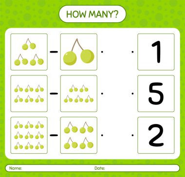 Anaokulu çocukları için quenepa çalışma kağıdıyla kaç sayma oyunu, etkinlik sayfası, yazdırılabilir çalışma tablosu