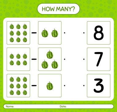 Anaokulu çocukları için karpuz çalışma tablosu olan kaç tane sayma oyunu, aktivite sayfası, basılabilir çalışma tablosu