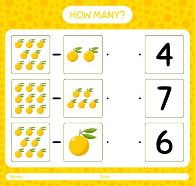 Anaokulu öğrencileri, aktivite tablosu, basılabilir çalışma tablosu için Yuzu çalışma kağıdıyla kaç sayım oyunu