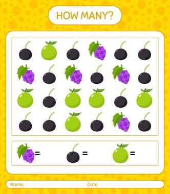 Meyveli kaç tane sayma oyunu. Anaokulu çocukları için çalışma listesi, aktivite listesi, yazdırılabilir çalışma tablosu