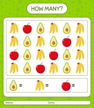 Meyveli kaç tane sayma oyunu. Anaokulu çocukları için çalışma listesi, aktivite listesi, yazdırılabilir çalışma tablosu