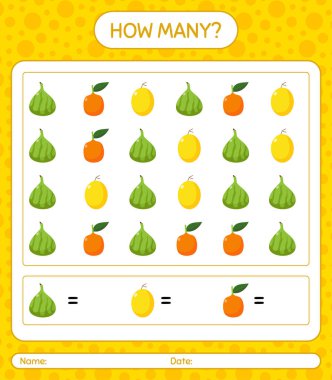 Meyveli kaç tane sayma oyunu. Anaokulu çocukları için çalışma listesi, aktivite listesi, yazdırılabilir çalışma tablosu
