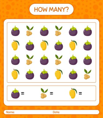 Meyveli kaç tane sayma oyunu. Anaokulu çocukları için çalışma listesi, aktivite listesi, yazdırılabilir çalışma tablosu